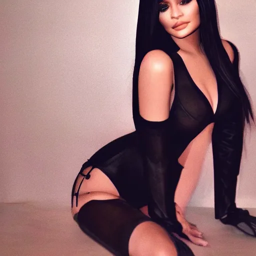 Prompt: kylie jenner in 2 b cosplaying in lingerie outfit light cinematography photoshoot