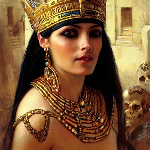 Image similar to elegant egyptian queen woman by a cemetary, detailed face, with a crown of skulls, skull earings, painting by Gaston Bussiere, Craig Mullins