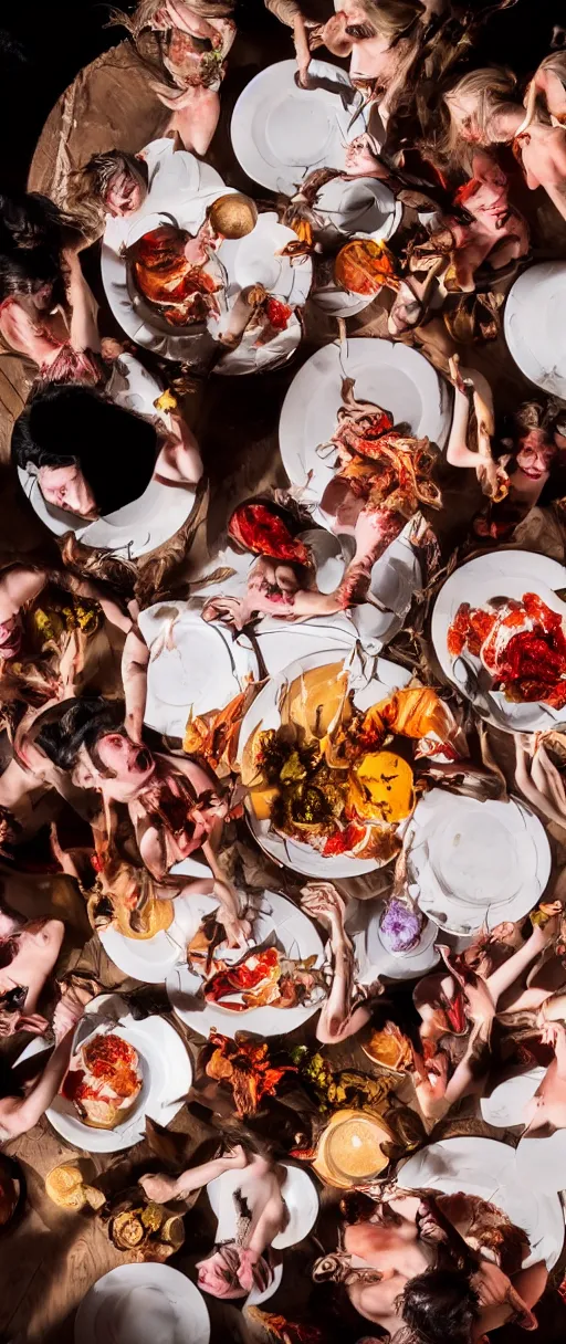 Prompt: an 8 k uhd digital photo of a group of witches dancing and laughing around plates of skin and muscle and blood