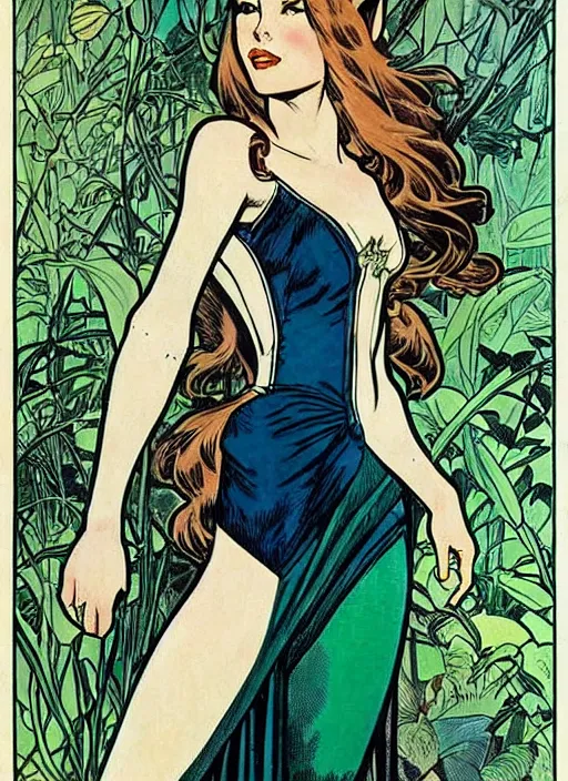Image similar to a beautiful young woman. she is a woodland elf. well composed, clean elegant painting, beautiful detailed face. retro comic book art by steve ditko and jack kirby and ( alphonse mucha )
