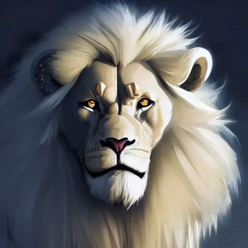 Image similar to commission of a male anthropomorphic albino lion holding a sword,digital art,art by greg rutkowski,trevor henderson,ross tran,photorealistic,hyperdetailes,highly realistic,natural lighting,deviantart,artstation,dramatic,cinematic,4k,western comic style,sharp lineart,hard shadows