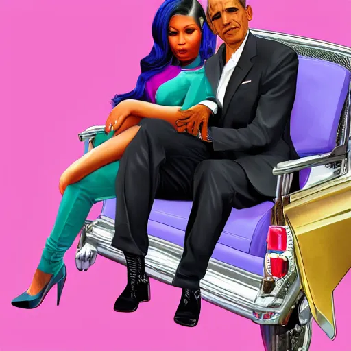 Image similar to nicki minaj sitting in the lap of barack obama in gta v cover art, hyper realistic, highly detailed, trending on artstation