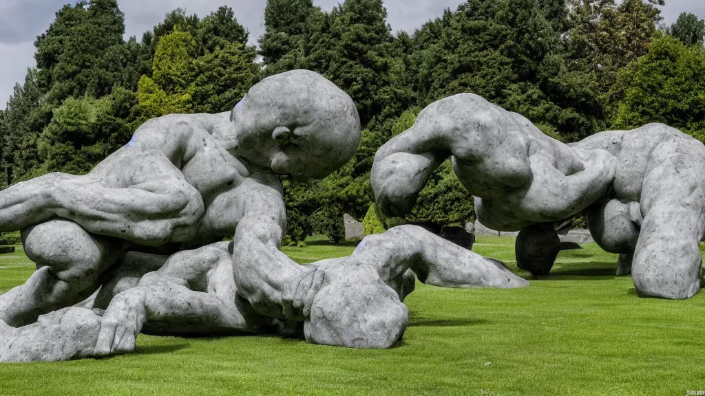 Prompt: a colossal impossible granite sculpture garden by michelangelo and henry moore and david cerny, on a green lawn, distant mountains, 8 k, dslr camera, so i can eat the remains, hidden beneath your grave, award winning