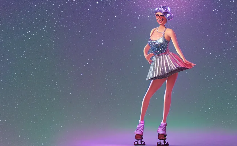 Prompt: Ultradetailed, hyperrealistic, a vintage roller skating diva wearing a disco ball skirt mirror tanktop with a disco ball head, by Vladimir kush, by josib csoor, by Laurie Lipton, rendered in octane, volumetric lighting, retro color scheme, trending on artstation -20