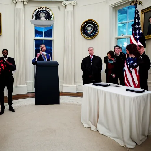 Image similar to professional photograph of Playboi Carti making an inauguration speech at the white house, 8k, cinematic, dslr,