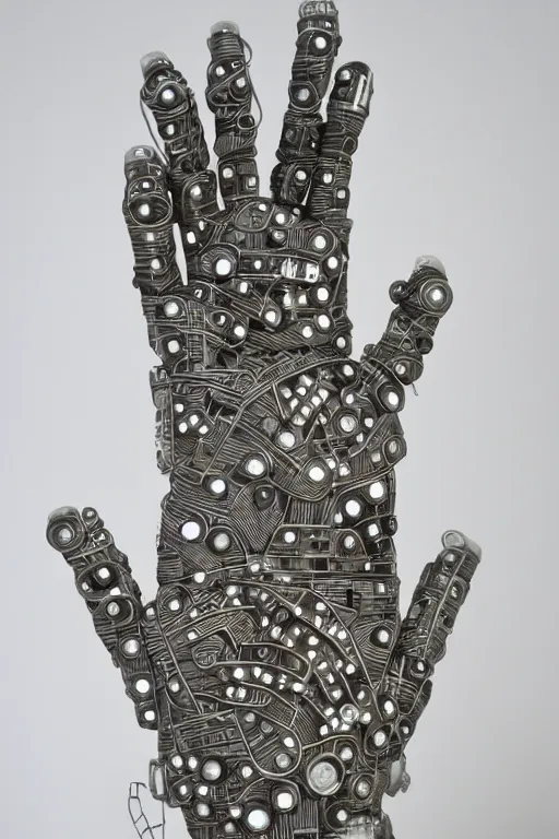 Image similar to cybernetic robotic hand made of engraved ceramic, wires and circuitry, engraved in sanskrit writing