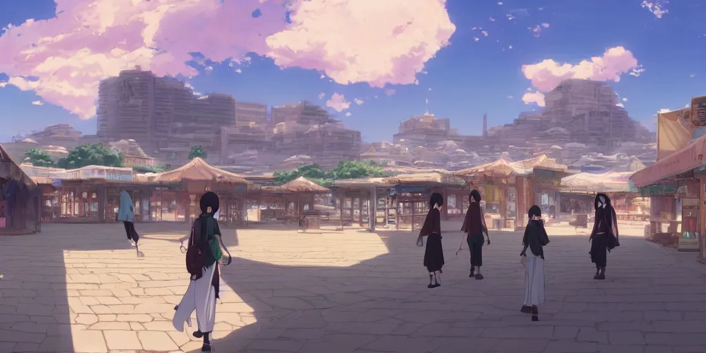 Image similar to empty arabian marketplace, scenic shot, by makoto shinkai