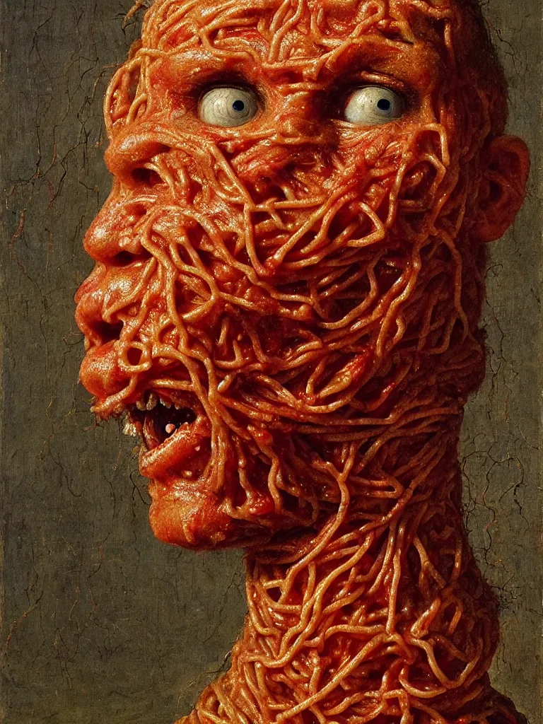 Image similar to a boy made of spaghetti and tomato, looking into camera, screaming in pain, by giuseppe arcimboldo and ambrosius benson, renaissance, intricate and intense oil paint, a touch of beksinski and hr giger and edward munch, realistic