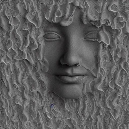 Prompt: crying girl, rendered in cinema 4 d, foliage fractal displacement fading out into waves, clay render