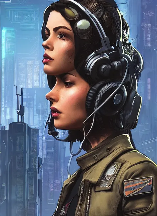 Image similar to Beautiful Ella. Gorgeous female cyberpunk mercenary wearing a cyberpunk headset, military vest, and pilot jumpsuit. gorgeous face. Concept art by James Gurney and Laurie Greasley. Moody Industrial skyline. ArtstationHQ. Realistic Proportions. Creative character design for cyberpunk 2077.