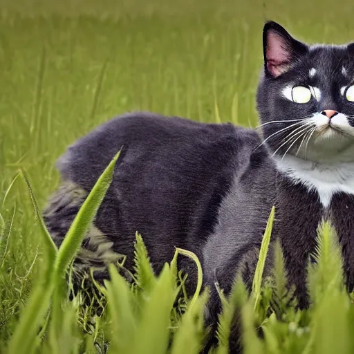 Prompt: cross between cat and cow body, surprised face ,photo, in a grassy field