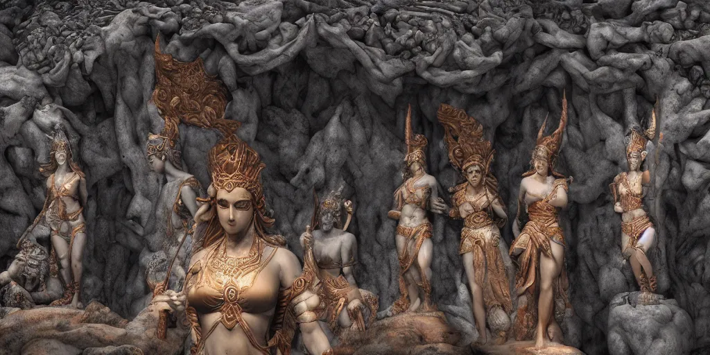 Image similar to greek godess statues in the entrance to the underworld, lava, 8 k detailed, highly detailed matte painting, incredible, trending on artstation,