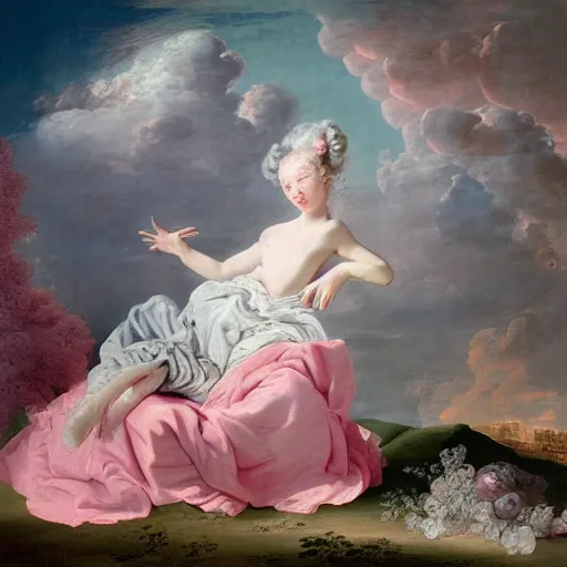 Image similar to heaven on pink clouds adopts the language of Rococo, reimagining the dynamism of works by eighteenth-century artists such as Giovanni Battista Tiepolo, François Boucher, Nicolas Lancret and Jean-Antoine Watteau through a filter of contemporary cultural references including film, food and consumerism