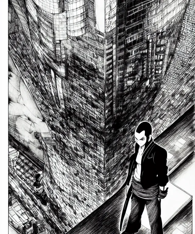 Image similar to A manga about a shaved-headed scarred yakuza. Sharp high quality manga, fine details, straight lines, solo, architecture in the background, masterpiece, highly detailed drawing by Yoshiaki Tabata, Tsutomu Nihei, Kentaro Miura
