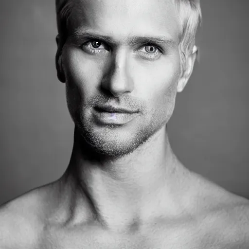 Prompt: close up of face of very handsome 4 0 year old slavic blond man with blond stubble, very short wavy blond hair in a short pompadour style, very pale skin, blue eyes, hairy shoulders, hairy chest, portrait, 4 k