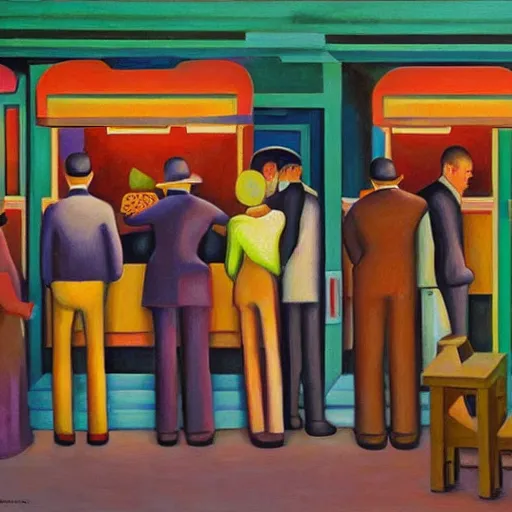 Prompt: robots queue up for ice cream, grant wood,! pj crook!,! edward hopper!, oil on canvas