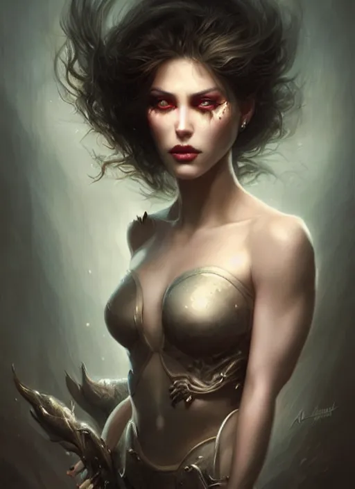 Prompt: a beautiful woman with face spikes, painted by artgerm and tom bagshaw, fantasy art, dramatic lighting, highly detailed oil painting