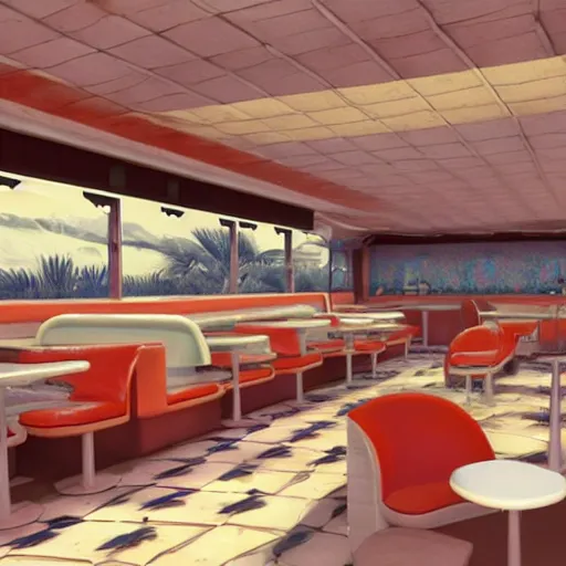 Prompt: photorealistic 1960s diner cafe in the middle of a desert,