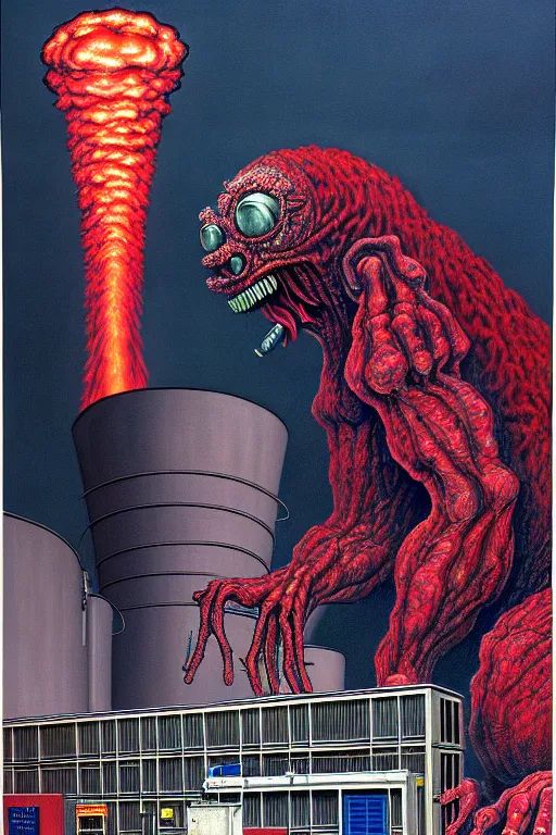 Prompt: a hyperrealistic detailed painting of a code red emergency at the nuclear power plant, radioactive radiation monster eating the laboratory by chris cunningham and richard corben, highly detailed, vivid color,