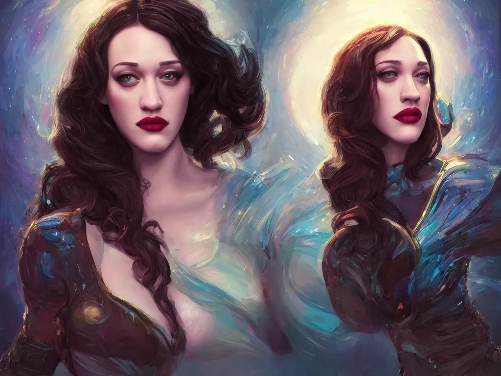 Image similar to kat dennings, portrait, fantasy, vivid colors, fantasy, elegant, concept art, sharp focus, beautiful face, digital art, Hyper-realistic, 4K, Unreal Engine, Highly Detailed, HD, Dramatic Lighting by Brom, trending on Artstation