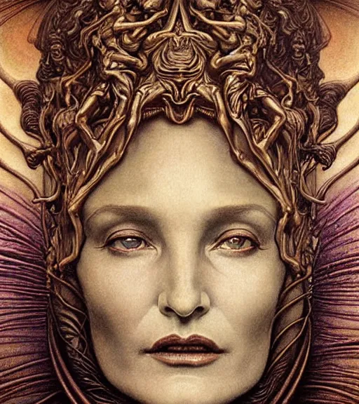 Image similar to detailed realistic beautiful young alien robot jessica lange as queen of mars face portrait by jean delville, gustave dore and marco mazzoni, art nouveau, symbolist, visionary, gothic, pre - raphaelite. horizontal symmetry by zdzisław beksinski, iris van herpen, raymond swanland and alphonse mucha. highly detailed, hyper - real, beautiful