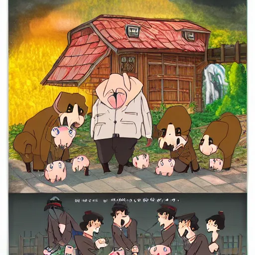 Image similar to Fall of capitalism, pigs with jackets, ghibli studio style, anime style