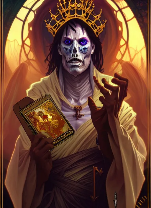 Prompt: undead king, tarot card, highly detailed, deep focus, elegant, digital painting, smooth, sharp focus, illustration, ultra realistic, 8 k, art by artgerm and alphonse mucha