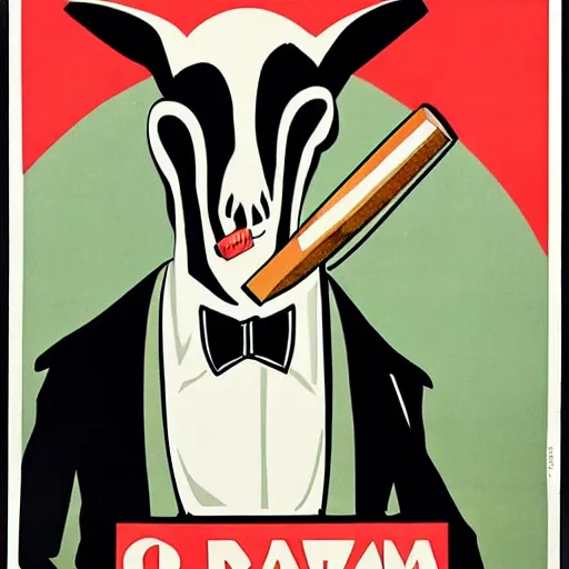 Image similar to a 1 9 3 0's propaganda poster of a goat skull wearing a tuxedo, smoking a cigar, limited color palette, minimalism, no writing,