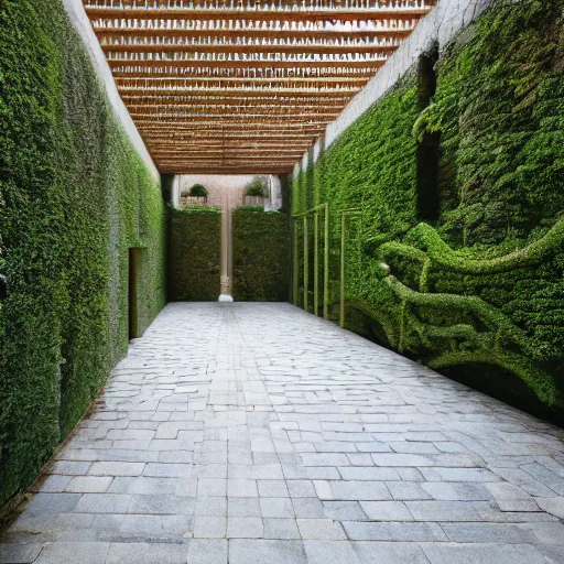 Image similar to courtyard complex of a labyrinthine monastary made of iteratively stacked voxel bricks, fusion of carlo scarpa and louis kahn, moss and ivy growing on the bricks, architectural photography