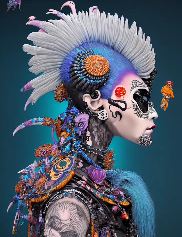 Image similar to 3 d goddess close - up profile portrait punk with mohawk with ram skull. beautiful intricately detailed japanese crow kitsune mask and clasical japanese kimono. betta fish, jellyfish phoenix, bio luminescent, plasma, ice, water, wind, creature, artwork by tooth wu and wlop and beeple and greg rutkowski