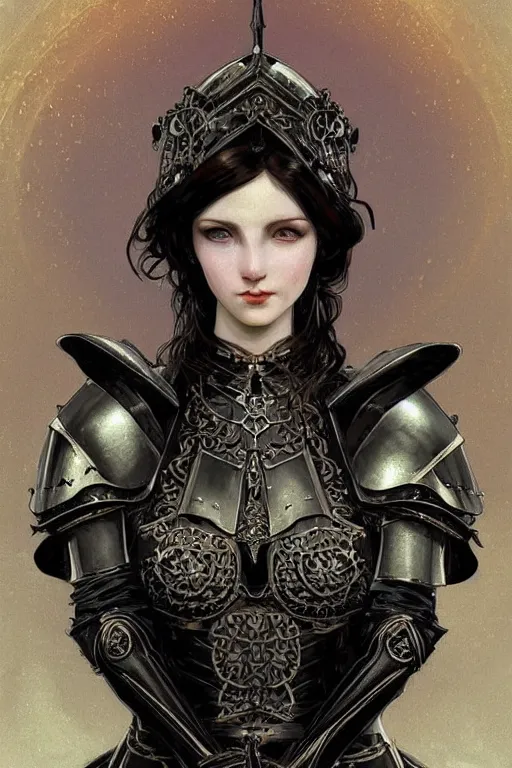 Prompt: beautiful victorian and luxury and goddess and gothic female medieval Black armor knight portrait+shiny eyes+front face with light flowing hair, ultradetail face, ruined gothic cathedral, art and illustration by tian zi and craig mullins and WLOP and alphonse mucha, ssci-fi, fantasy, intricate complexity, human structure, hypermaximalist, fantasy character concept, dynamic lighting, neon light, watermark, blurry, hyperrealism 8k