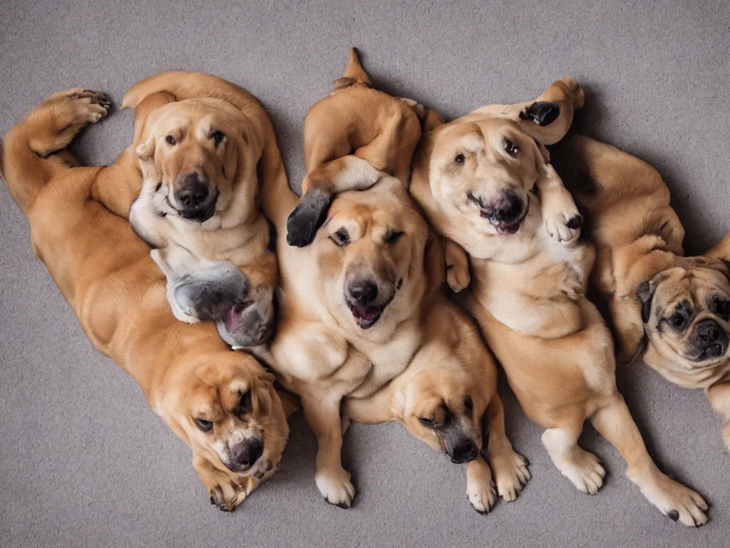 Prompt: fat dogs lying down and smiling at the camera, high definition detail, 8 k, photography