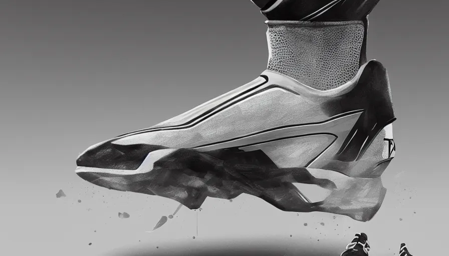 Image similar to concept art of future soccer sneaker by jama jurabaev, cinematic shot, brush hard, artstation, cgsociety, high quality, brush stroke