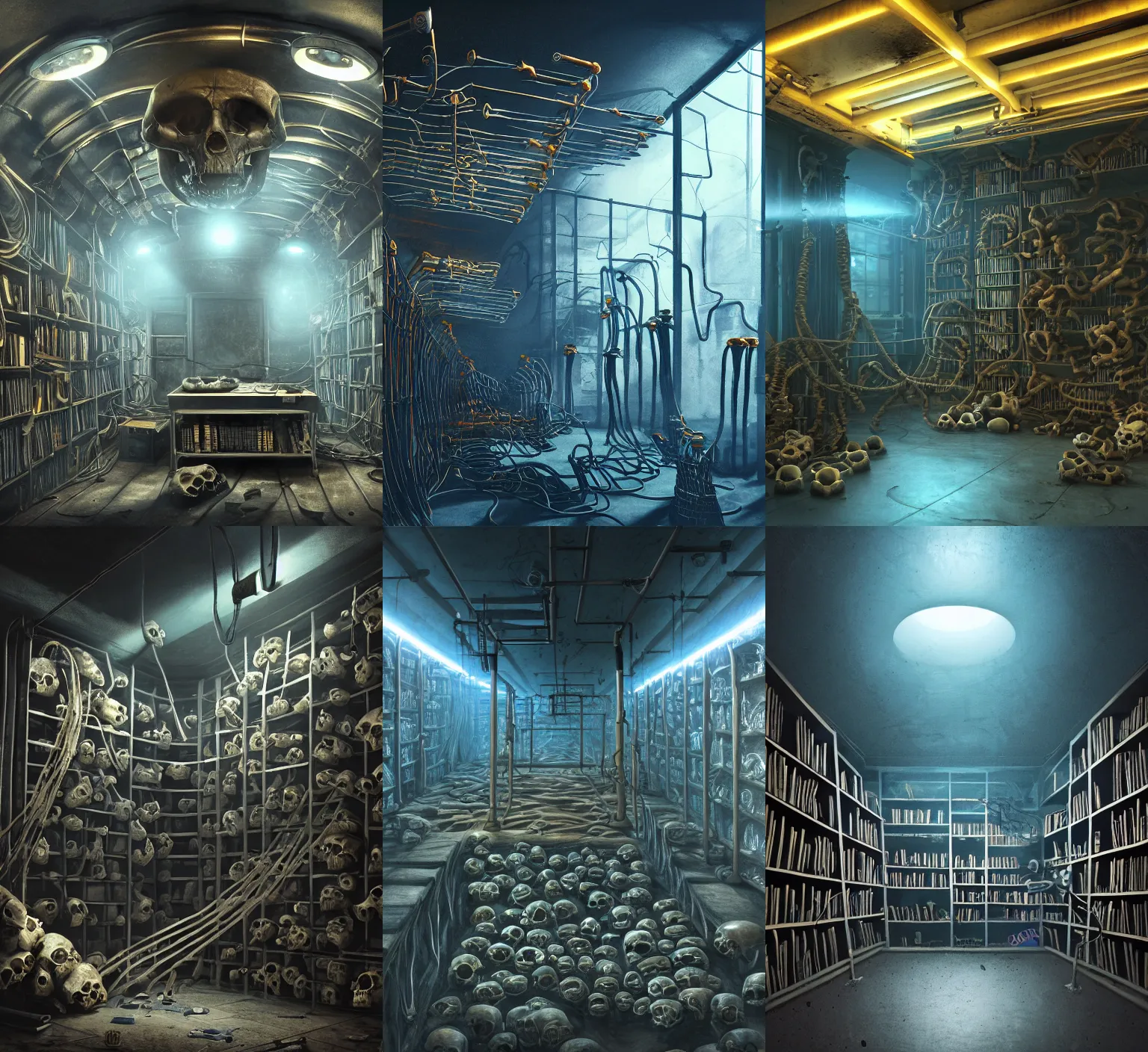 Prompt: worms eye view of a metal room with large tubes and cables coming out of a hole in the ceiling and a bookshelf filled with skulls on the back wall, blue light, dramatic lighting, moody lighting, golden ratio, rule of thirds, matte painting, concept art, illustration, environmental art, environmental design, 8 k, realistic lighting, realistic shading, octane render