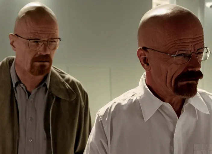 Prompt: Among Us Imposter talking with Walter White, movie screenshot, detailed, realistic, clean composition