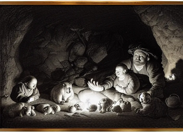 Image similar to Pieter Claesz's 'bear and her cubs sleeping in a dark cave lit by campfire', night time, cross hatching, framed