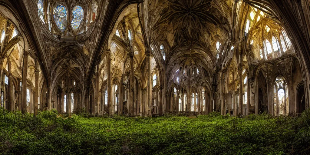 Image similar to Wide angle photograph of the inside of an abandoned cathedral, with a broken roof and overgrown with vines and bushes, cinematic lighting, epic scene, dramatic lighting, evening light, sunset, golden hour, fuji velvia, Flickr, national geographic, taken by Daniel Kordan