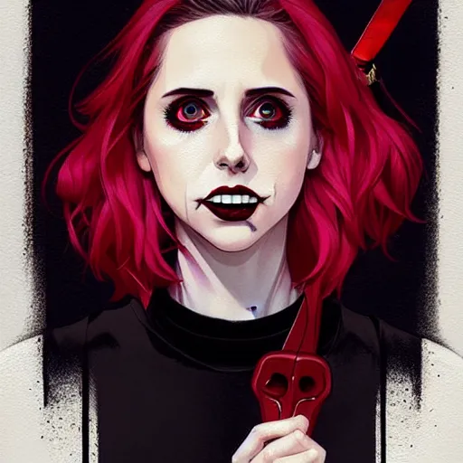 Prompt: loish, artgerm, Joshua Middleton art, pretty female Alison Brie serial killer holding bloody knife, blood on clothes and face, sarcastic smile, symmetrical eyes, symmetrical face, full body, jean jacket, jeans, short blonde hair, middle shot, highly saturated, deep blacks