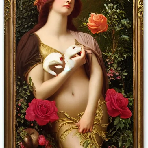Prompt: beautiful oil painting of the goddess Aphrodite hugging a swan, ornate golden design background, colourful apples, roses, and plants, golden ratio, by John William Godward and Anna Dittman, H 640