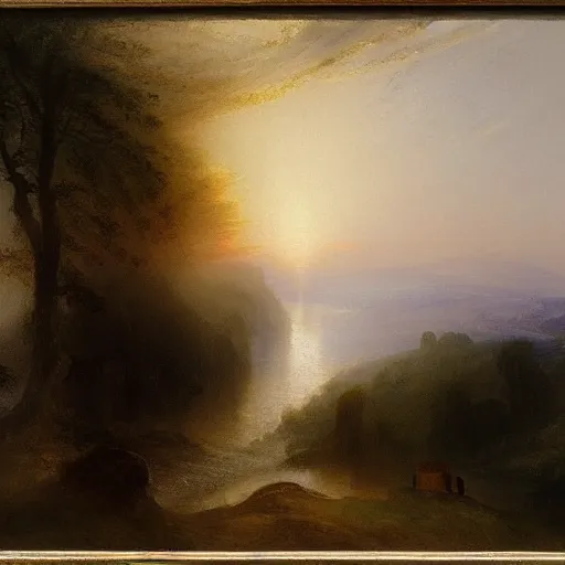 Prompt: A oil painting of scenic view of misty morning by JMW Turner, highly detailed, high resolution