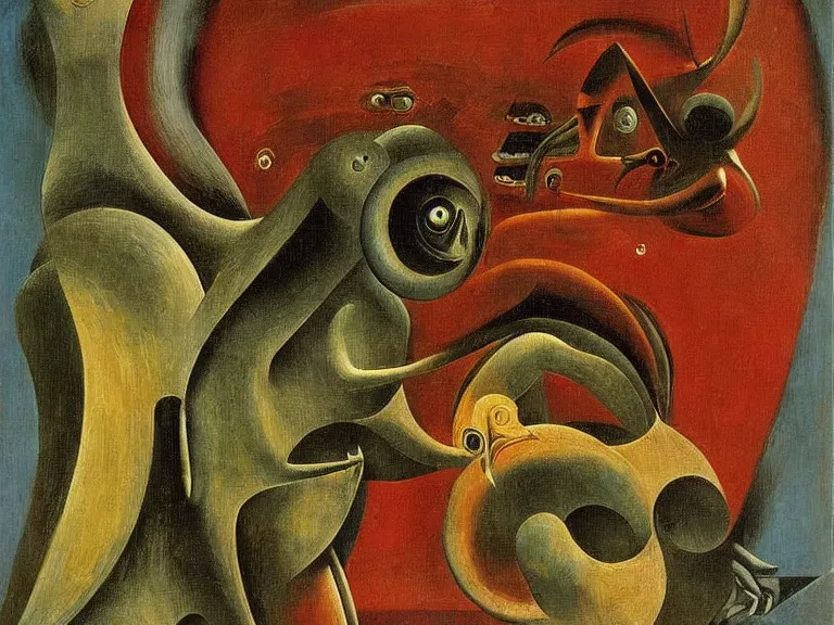 Image similar to An oil painting of a strange alien creature by Max Ernst and Giorgio de Chirico