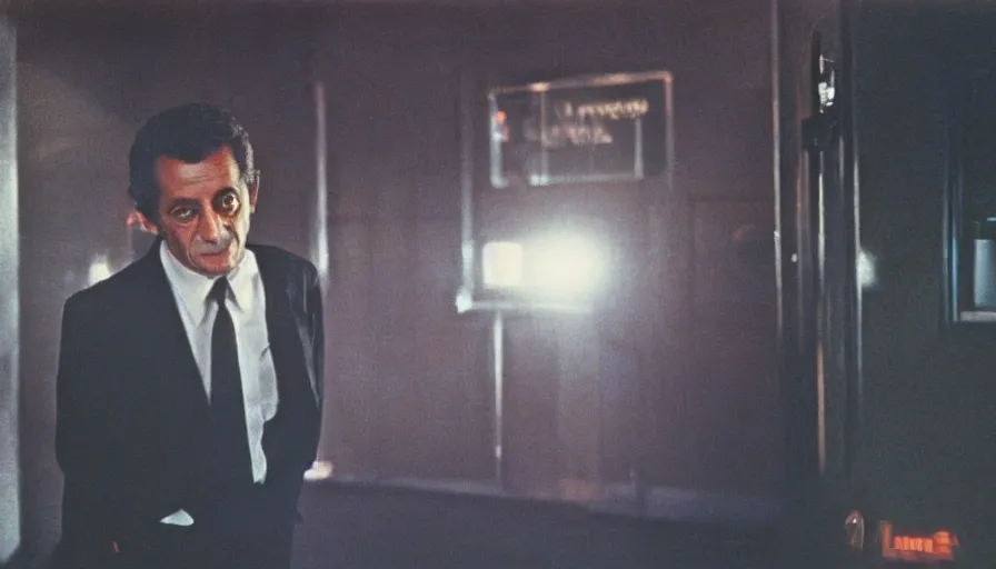 Prompt: 70s movie still of one Nicolas Sarkozy with very detailed face , cinestill 800t 18mm heavy grain, cinematic, dramatic dark lighning, brooklyn neon boards