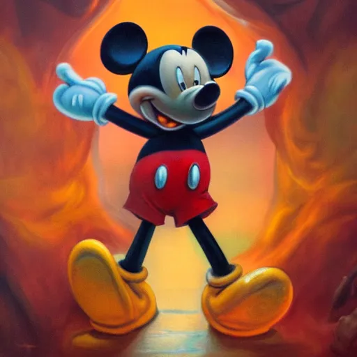 Image similar to mickey mouse in hell, oil painting, trending on artstation, renaissance, highly detailed, dynamic pose, gloomy