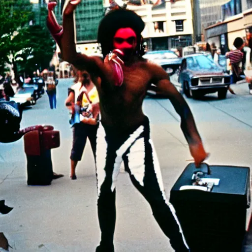 Image similar to Xavier renegade angel 1980s street performer, shot on 35mm film