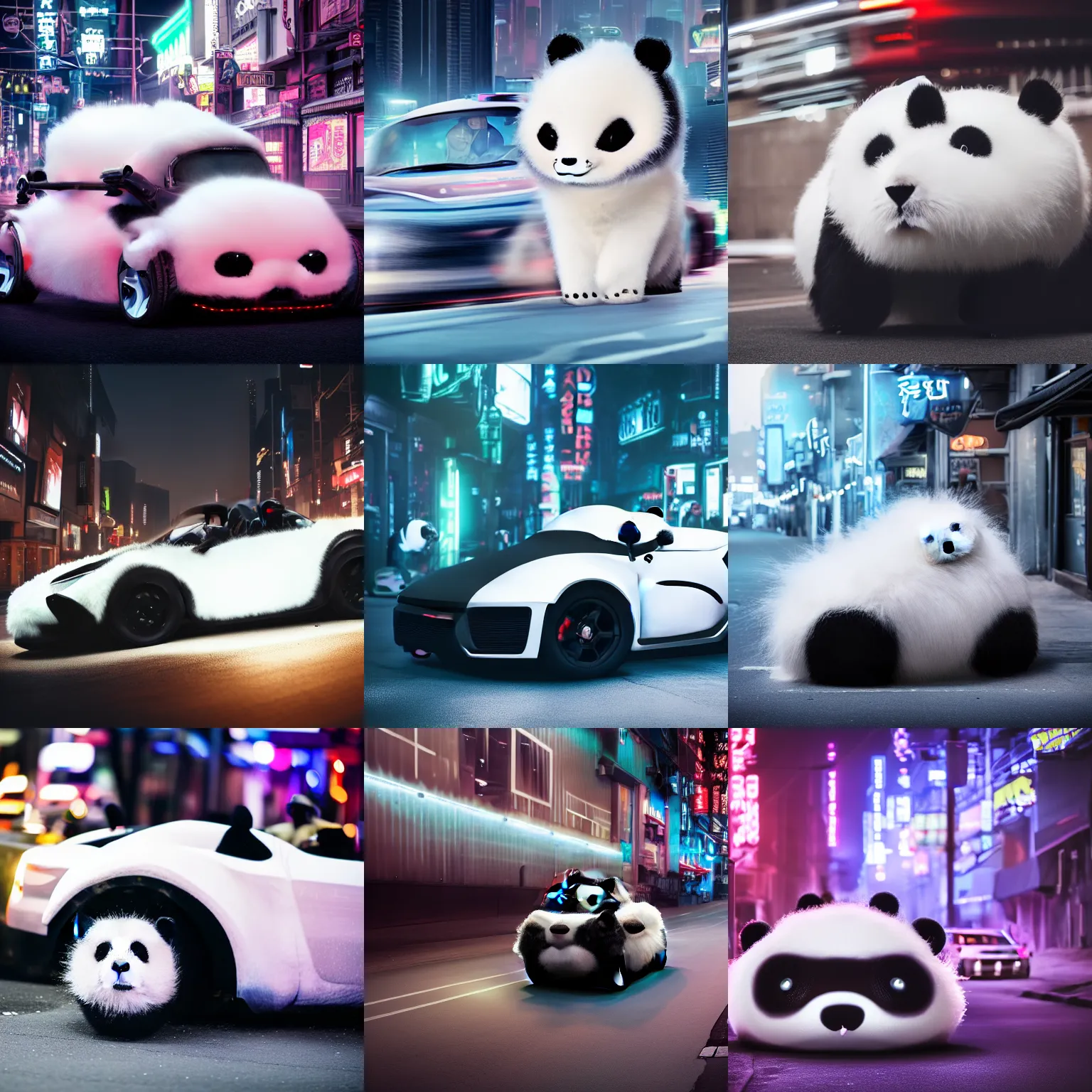 Prompt: a fluffy roadster covered with white fur and looked like a cute panda, with cool headlights, parking in the street, Cyberpunk, neon light, 4k, hd, highly detailed