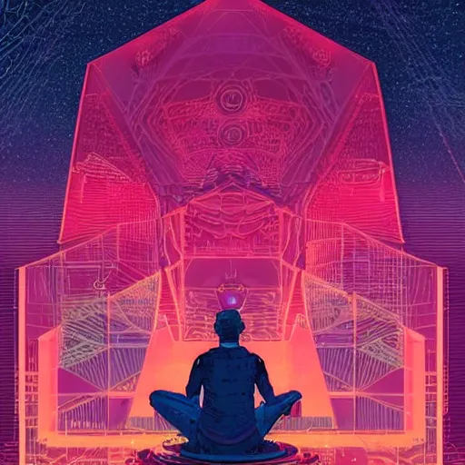 Image similar to Stunningly intricate illustration of a cyberpunk explorer meditating next to a floating triangular glowing monolith, highly detailed, midnight, by Victo Ngai and James Gilleard , Moebius, Laurie Greasley file:///Volumes/1TB_WD/photoshop/bing%20character%20related%20stuff/bing%20-%20logo%20character%20-%20pixelated/BING_COMMISSION%20NO%20BG.png