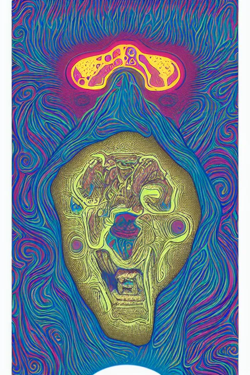 Image similar to a tab of LSD acid on a tongue with psychedelic hallucinations, screenprint by kawase hasuialex grey and dan hillier, colorful flat design, hd, 8k