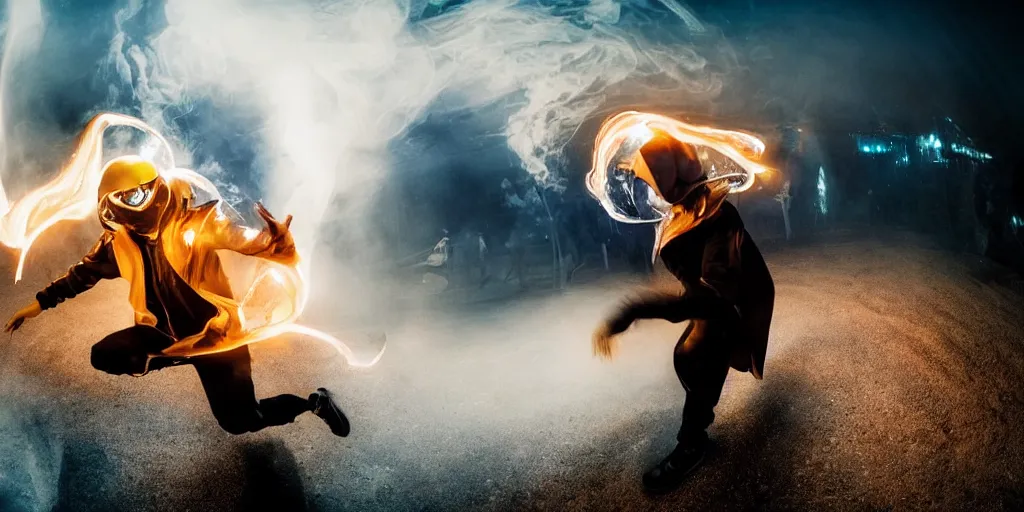 Image similar to music video fisheye slow motion with trail fire and smoke effect of futuristic break dancer wearing long dark cloak and golden helmet emitting fire and crystals, long exposure shot , enigmatic, at night on the moon, paddle of water, steam, fog, water splashes, rim lights, glossy reflections, water droplets on lens, octane render, Volumetric dynamic lighting, stunning cover magazine, high details, hajime sorayama