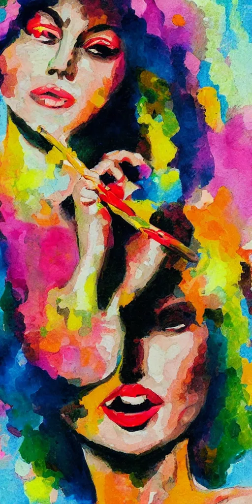 Image similar to portrait of beautiful woman licking a lollipop painted with colorful gouache impasto