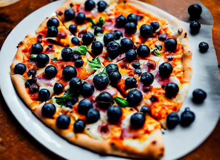 Prompt: A delicious plate of pizza with blueberries on, extra cheese, close up food photography, studio lighting, Sigma 35mm f/1.4